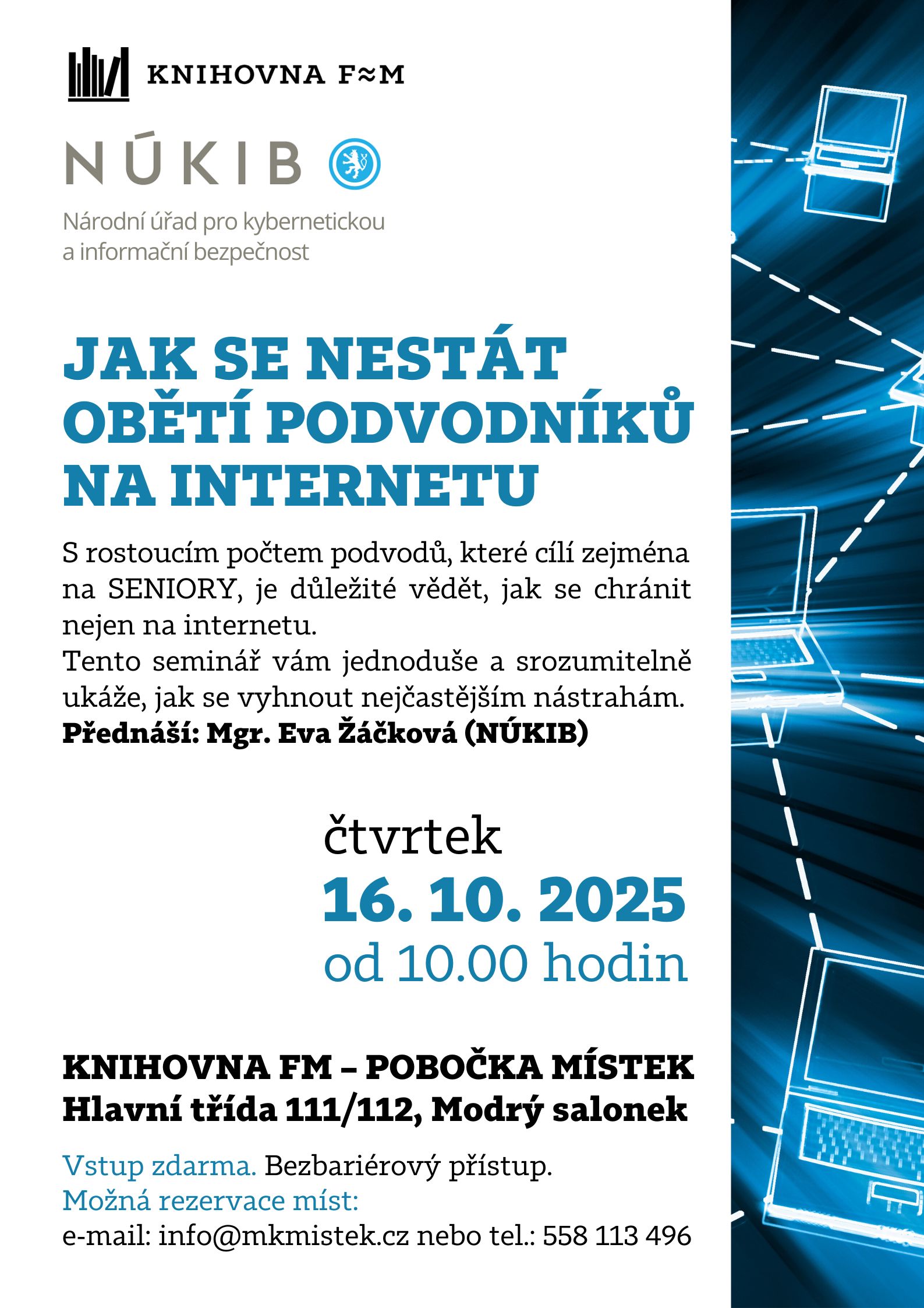 Plakát k přednášce Jak se nestát obětí podvodníků na internetu